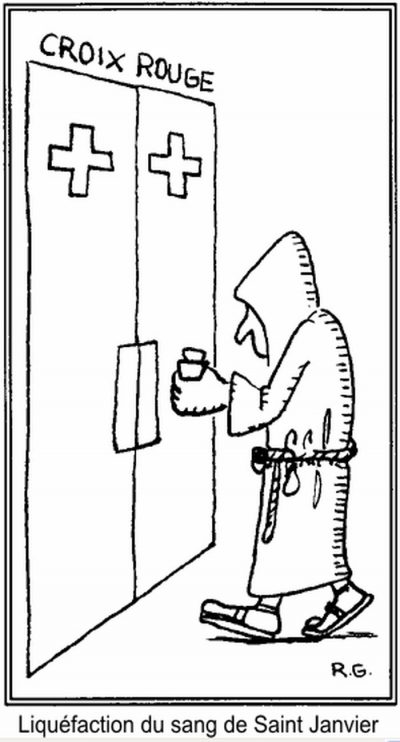 Un moine se présente à la porte de la Croix-Rouge, un verre à la main. Liquéfaction du sang de saint Janvier.