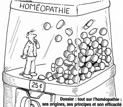 Un homme perplexe, prisonnier d’une distributrice à 25 ¢ marquée « Homéopathie » et remplie de granules. Dossier : tout sur l’homéopathie : ses origines, ses principes et son efficacité.