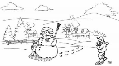 Dans un paysage d’hiver, des traces de pas mènent à un bonhomme de neige, derrière lequel se cache un enfant ; un passant n’en revient pas.
