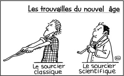 Les trouvailles du nouvel âge : le sourcier classique, avec sa baguette de bois, et le sourcier scientifique, avec un stéthoscope.