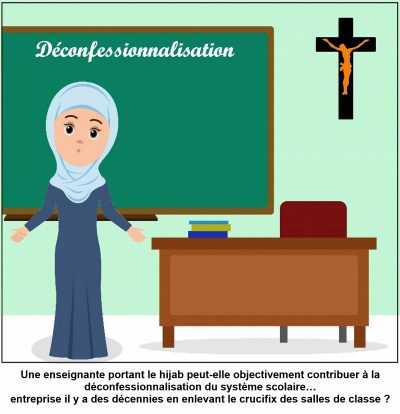 Déconfessionnalisation. Une enseignante en hidjab se tient devant le tableau, sous un crucifix. Une enseignante portant le hijab peut-elle objectivement contribuer à la déconfessionnalisation du système scolaire… entreprise il y a des décennies en enlevant le crucifix des salles de classe ?