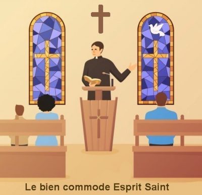 Le bien commode Esprit Saint. Un prêtre en chaire prêche devant quelques fidèles, entre deux vitraux et une colombe.