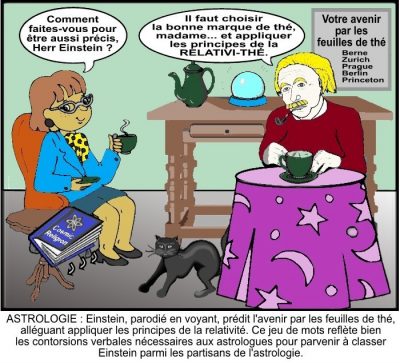 Einstein en voyant, sous l’enseigne « Votre avenir par les feuilles de thé — Berne, Zurich, Prague, Berlin, Princeton ». La cliente : « Comment faites-vous pour être aussi précis, Herr Einstein ? » — « Il faut choisir la bonne marque de thé, madame… et appliquer les principes de la relativi-thé. » Astrologie : Einstein, parodié en voyant, prédit l’avenir par les feuilles de thé, alléguant appliquer les principes de la relativité. Ce jeu de mots reflète bien les contorsions verbales nécessaires aux astrologues pour parvenir à classer Einstein parmi les partisans de l’astrologie.