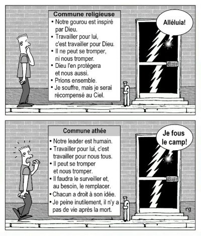 En deux cases, un homme lit l’affiche de deux communes. Commune religieuse : « Notre gourou est inspiré par Dieu. Travailler pour lui, c’est travailler pour Dieu. Il ne peut se tromper, ni nous tromper. Dieu l’en protégera et nous aussi. Prions ensemble. Je souffre, mais je serai récompensé au Ciel. » De l’intérieur : « Alléluia ! » Commune athée : « Notre leader est humain. Travailler pour lui, c’est travailler pour nous tous. Il peut se tromper et nous tromper. Il faudra le surveiller et, au besoin, le remplacer. Chacun a droit à son idée. Je peine inutilement, il n’y a pas de vie après la mort. » De l’intérieur : « Je fous le camp ! »