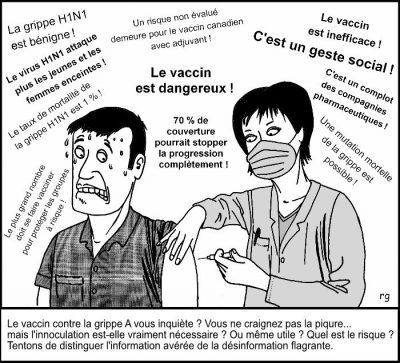 Une infirmière masquée vaccine un homme en sueur, assailli de messages contradictoires : « La grippe H1N1 est bénigne ! », « Un risque non évalué demeure pour le vaccin canadien avec adjuvant ! », « Le vaccin est inefficace ! », « C’est un geste social ! », « Le vaccin est dangereux ! », « Le virus H1N1 attaque plus les jeunes et les femmes enceintes ! », « Le taux de mortalité de la grippe H1N1 est 1 % ! », « 70 % de couverture pourrait stopper la progression complètement ! », « C’est un complot des compagnies pharmaceutiques ! », « Une mutation mortelle de la grippe est possible ! », « Le plus grand nombre doit se faire vacciner pour protéger les groupes à risque ! ». Le vaccin contre la grippe A vous inquiète ? Vous ne craignez pas la piqure… mais l’inoculation est-elle vraiment nécessaire ? Ou même utile ? Quel est le risque ? Tentons de distinguer l’information avérée de la désinformation flagrante.