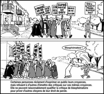 En deux cases : des croyants de toutes confessions défilent avec des pancartes « Liberté de religion » et « Suprématie de Dieu », près d’un homme qui brandit « Dieu n’existe probablement pas ! » ; puis l’un d’eux lui arrache sa pancarte en criant « Blasphémateur ! ». Certaines personnes réclament d’exprimer en public leurs croyances, mais refusent à d’autres d’émettre des critiques sur ces mêmes croyances. Elles ne peuvent raisonnablement qualifier la critique de blasphématoire pour priver d’autres citoyens de leur droit de parole.