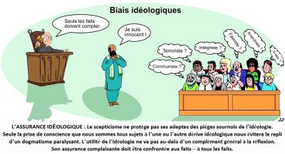 Biais idéologiques : au tribunal, le juge rappelle « Seuls les faits doivent compter », l’accusé en tenue musulmane clame « Je suis innocent ! », et chaque juré se demande : « Terroriste ? », « Communiste ? », « Intégriste ? », « Fasciste ? », « Anarchiste ? », « X-iste ? ». L’assurance idéologique : le scepticisme ne protège pas ses adeptes des pièges sournois de l’idéologie. Seule la prise de conscience que nous sommes tous sujets à l’une ou l’autre dérive idéologique nous évitera le repli d’un dogmatisme paralysant. L’utilité de l’idéologie ne va pas au-delà d’un complément général à la réflexion. Son assurance complaisante doit être confrontée aux faits – à tous les faits.