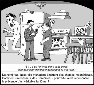 Dans une cuisine hantée de fantômes grimaçants, un chasseur de fantômes brandit son appareil devant le propriétaire : « S’il y a un fantôme dans cette pièce, mon détecteur d’ondes magnétiques le trouvera ! » De nombreux appareils ménagers émettent des champs magnétiques. Comment un chasseur de « fantômes » pourra-t-il alors reconnaître la présence d’un véritable fantôme ?