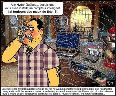 Un homme au téléphone sans fil, dans une cuisine traversée d’ondes : « Allo Hydro-Québec… depuis que vous avez installé un compteur intelligent, j’ai toujours des maux de tête !?!! » La crainte des radiofréquences émises par les nouveaux compteurs d’électricité n’est pas raisonnable puisque de multiples autres sources de radiofréquences domestiques sont beaucoup plus importantes : fours à micro-ondes, téléphones cellulaires ou sans fil, routeurs sans fil, ordinateurs portables…