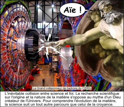Au Grand collisionneur de hadrons du CERN, le doigt du Dieu de Michel-Ange touche le détecteur et reçoit une décharge : « Aïe ! » L’inévitable collision entre science et foi. La recherche scientifique sur l’origine et la nature de la matière s’oppose au mythe d’un Dieu créateur de l’Univers. Pour comprendre l’évolution de la matière, la science suit un tout autre parcours que celui de la croyance.