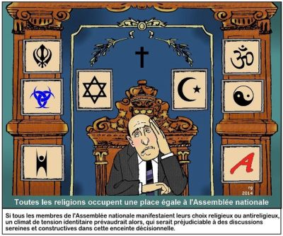 Toutes les religions occupent une place égale à l’Assemblée nationale : autour du fauteuil du président, accablé, s’alignent les symboles du sikhisme, du judaïsme, du christianisme, de l’islam, de l’hindouisme, du taoïsme, de l’humanisme, de l’athéisme et d’autres convictions. Si tous les membres de l’Assemblée nationale manifestaient leurs choix religieux ou antireligieux, un climat de tension identitaire prévaudrait alors, qui serait préjudiciable à des discussions sereines et constructives dans cette enceinte décisionnelle.