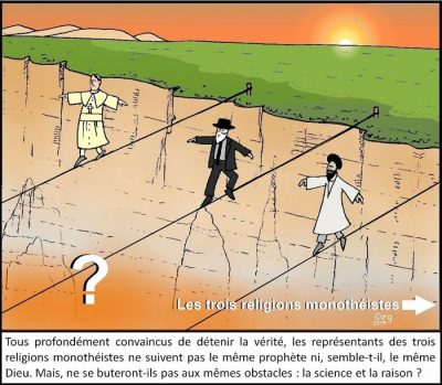 Le pape, un rabbin et un imam avancent chacun sur son fil de funambule au-dessus d’un gouffre, vers un point d’interrogation : les trois religions monothéistes. Tous profondément convaincus de détenir la vérité, les représentants des trois religions monothéistes ne suivent pas le même prophète ni, semble-t-il, le même Dieu. Mais, ne se buteront-ils pas aux mêmes obstacles : la science et la raison ?