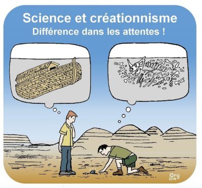 Science et créationnisme : différence dans les attentes ! Dans le désert, l’un espère trouver l’arche de Noé ; l’autre, à genoux, cherche des fossiles.