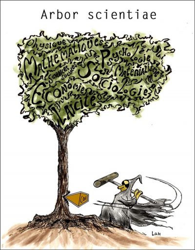 Arbor scientiae : un arbre dont le feuillage est fait de mots — physique, mathématiques, sciences sociales, psychologie, matérialisme, économie, sociologie, laïcité. À son pied, une Mort à capuchon, marteau en main, enfonce un coin dans le tronc.