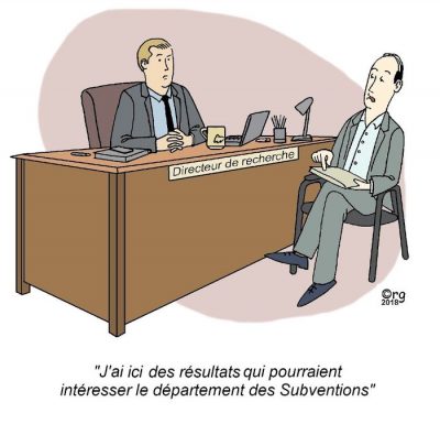 Dans le bureau du directeur de recherche, un chercheur tend un dossier : « J’ai ici des résultats qui pourraient intéresser le département des Subventions. »