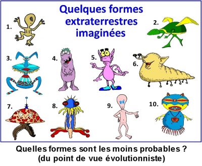 Quelques formes extraterrestres imaginées : dix créatures numérotées, de l’humanoïde à la limace et au champignon. Quelles formes sont les moins probables ? (du point de vue évolutionniste)