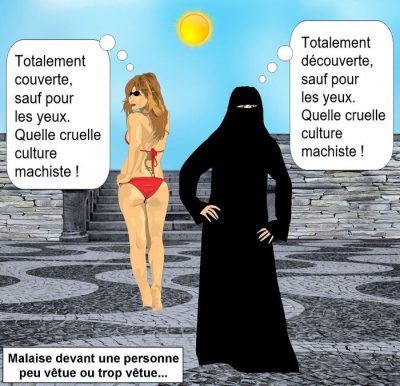Malaise devant une personne peu vêtue ou trop vêtue… Sur une place au bord de la mer, une femme en bikini et lunettes de soleil croise une femme en niqab. La première pense : « Totalement couverte, sauf pour les yeux. Quelle cruelle culture machiste ! » La seconde : « Totalement découverte, sauf pour les yeux. Quelle cruelle culture machiste ! »